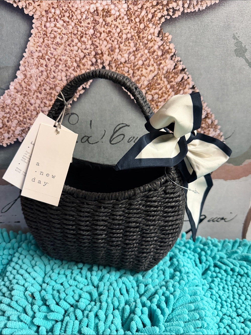 a new day Black Woven Handbag with White & Black Bow